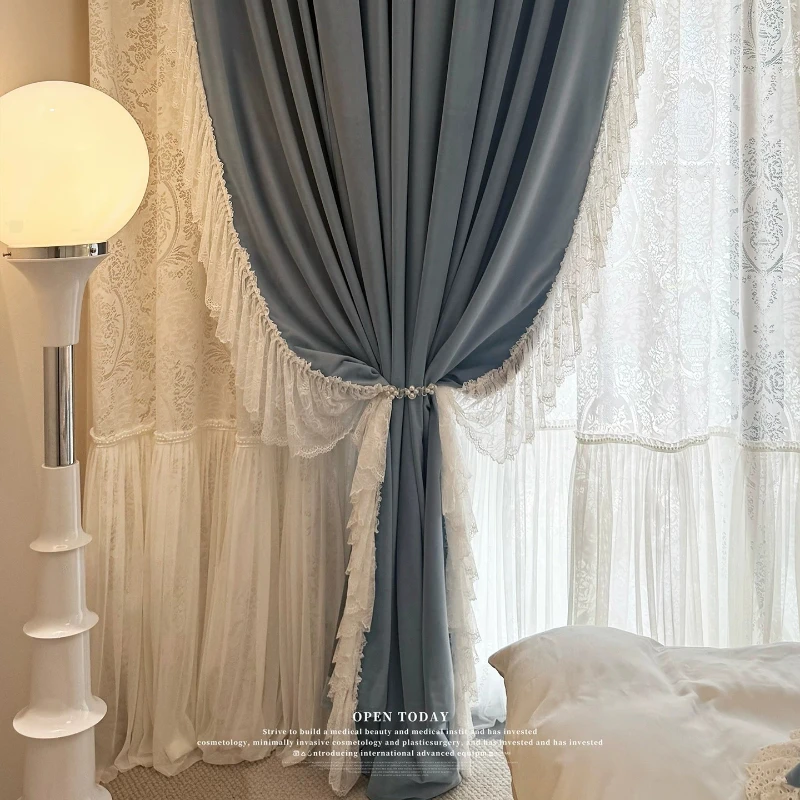 French Grey Blue Velvet Lace Curtains for Living Room Bedroom French Window Skirt Curtain Custom Finished Partition Curtain