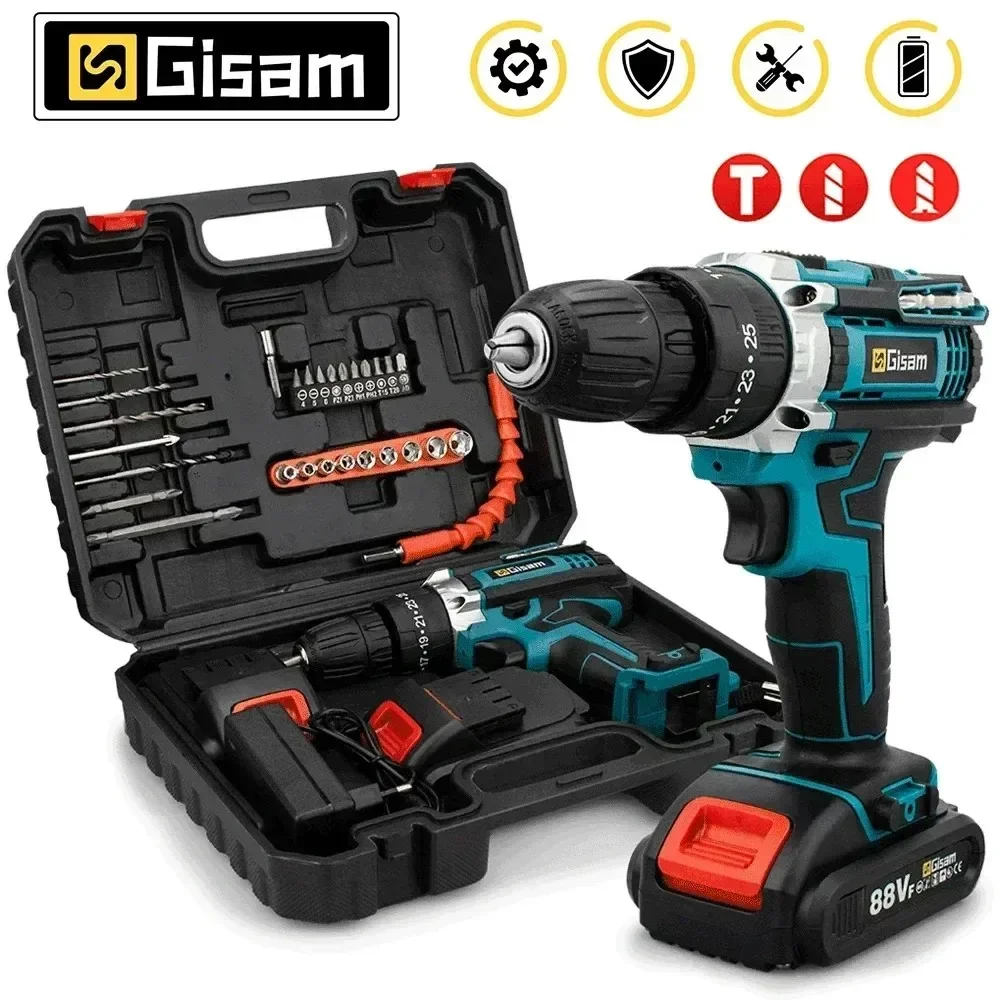 Wiredless Impact Drill Screwdriver Rechargeable Battery Cordless Hammer Drill 25+3Torque Setting Electric Screwdriver Power Tool