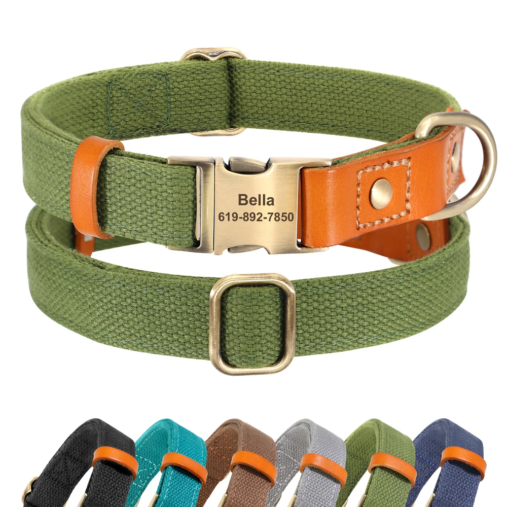 Personalized Nylon Dog Collar Durable Real Leather Customized ID Collars Free Engraved Adjustable for Small Medium Large Dogs