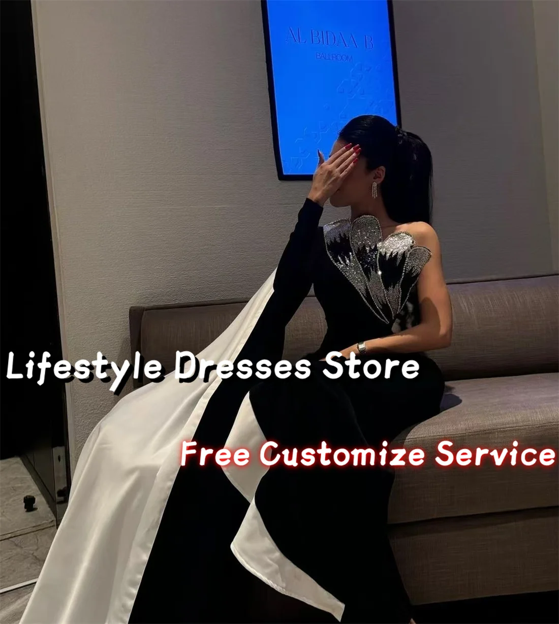 Customized One Shoulder Shiny Beads Long Sleeve Evening Dresses Slim Fit Cape Black Ivory Prom Dresses Wedding Formal Party Gown