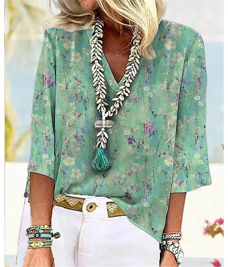 Casual Printed Loose V-neck Top 2025 Summer Women's Short Sleeved Fashionable Printed Style Daily Comfortable T-shirt Top