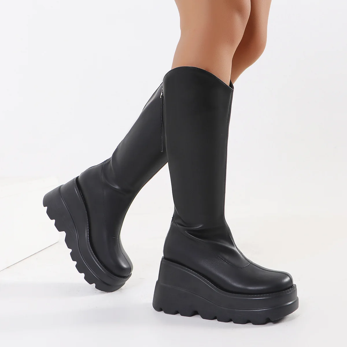 

Fashionable High Quality Women New Modern Mid-calf Boot Riding Boots Platform Round Toe Black White Big Size 43 Street Boots