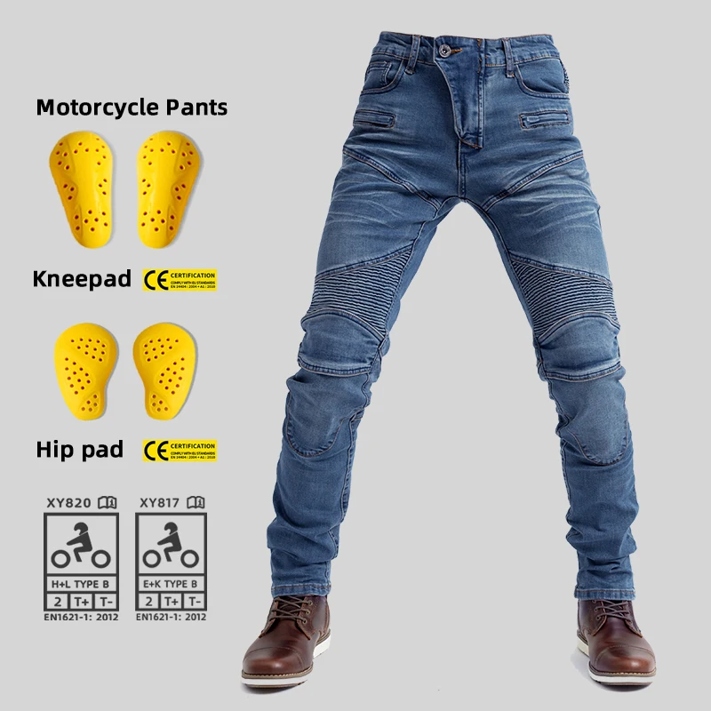 Men Women Slim Straight Motorcycle Jeans Anti Fall Riding Pants Moto Biker Protective Gear Casual Denim Trousers