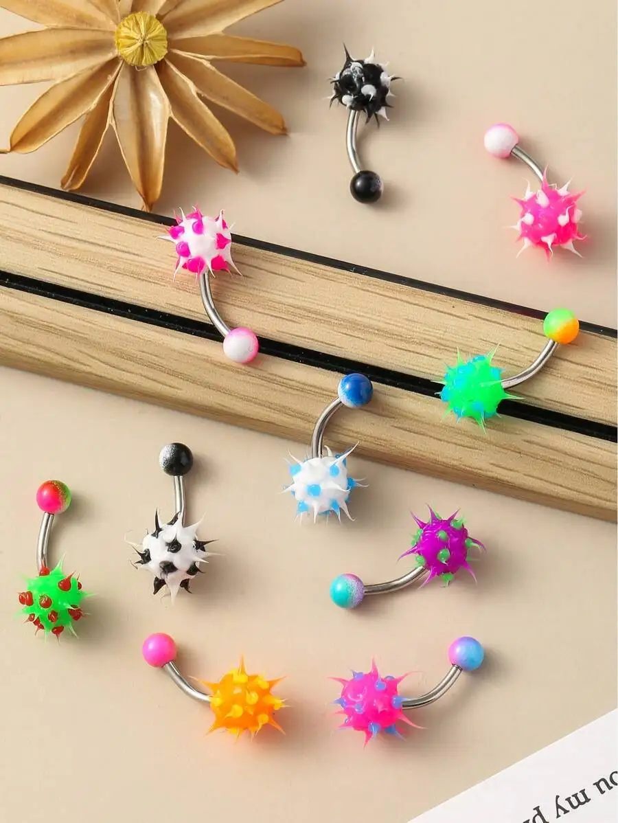 

10Pcs Stainless Steel Navel Rings Featuring Hypoallergenic Spiky Silicone Balls In Vibrant Dopamine Colors, Unisex Punk Body