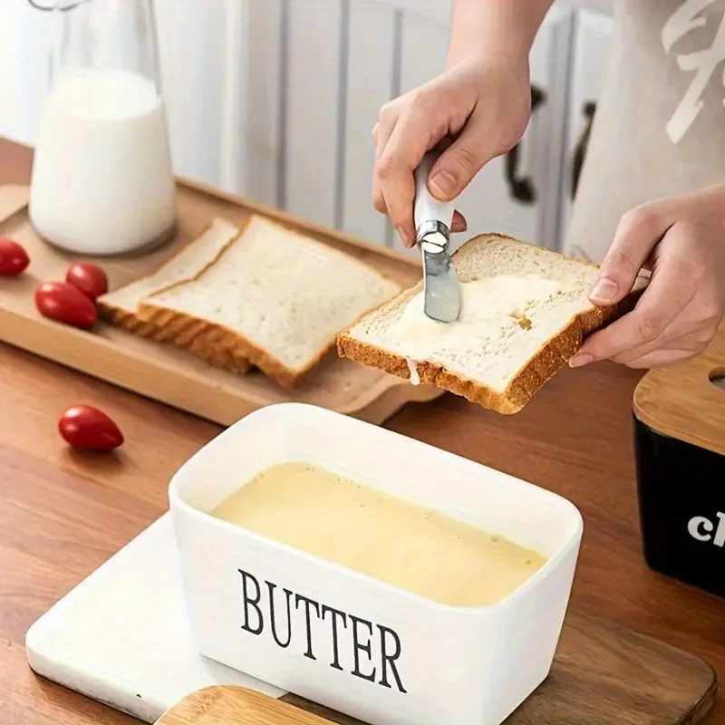 

YFY ceramic butter box rectangular butter sealed butter refrigerated storage box with wooden lid