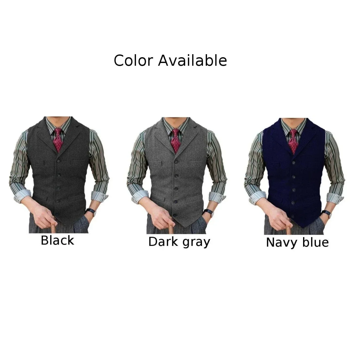 Casual Men's Classic Suit Vest Lapel V Neck Herringbone Tweed Slim Fit Business Waistcoat For Wedding Solid Color Vest