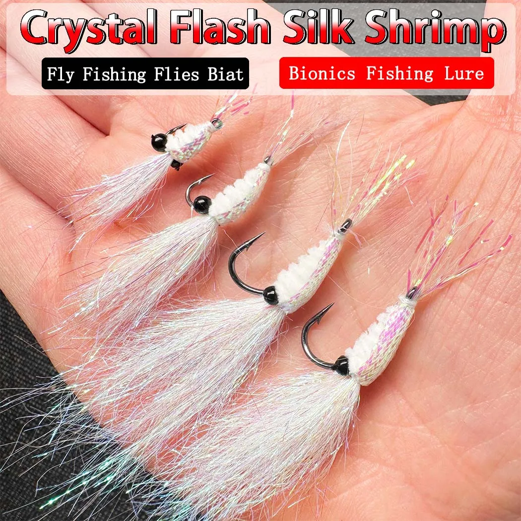 5 Stück Kristall-Flash-Seiden-Garnelen-Fliegen zum Angeln, Köder für Barsch, Forelle, Lachs, Hakengröße # 4/ # 8 # /12
