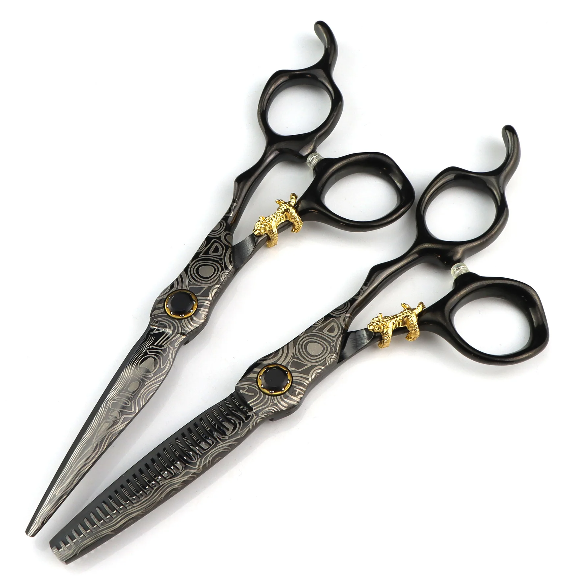 Black 6.0-inch small golden tiger hair clipper with bearing screws. Hair clipper with teeth, blade and thinning function.