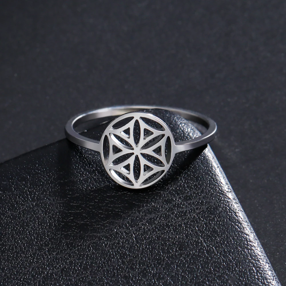 LIKGREAT Women Flower of Life Ring Stainless Steel Sacred Geometry Fashion Finger Rings Vintage Amulet Jewelry Birthday Gift New