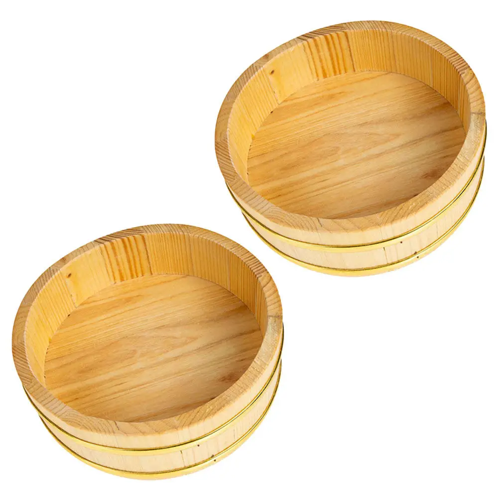

2Pcs Large Capacity Wooden Rice Bowl Sturdy Sushi Rice Tub Manual Grinding Surface Sushi Board Kitchen Gadget Mixing Bowls