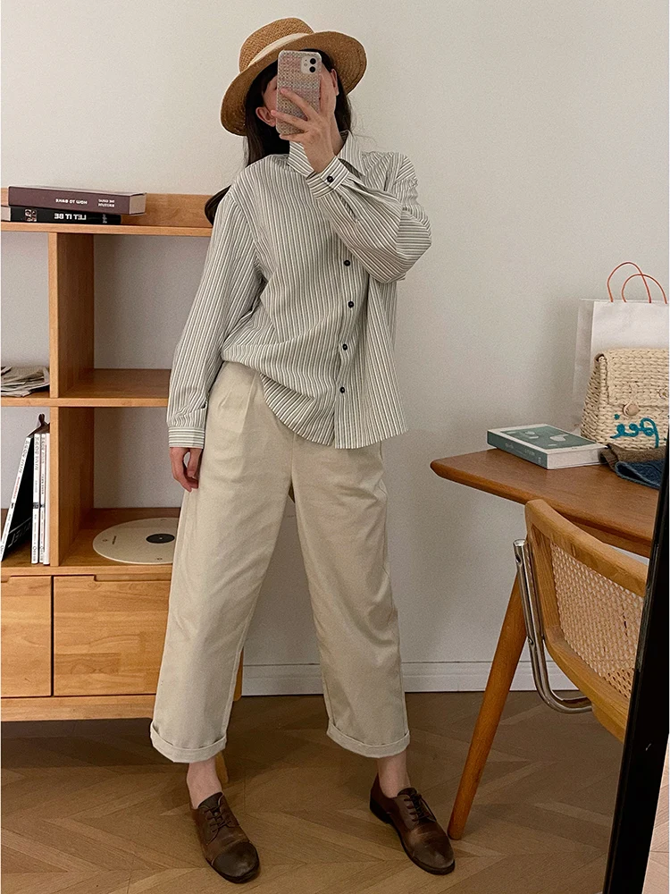 

2023 Autumn Striped irt Women's Design Sense Letter Embroidery Top Casual Commute Sle Long Sve Loose Fit Blouse