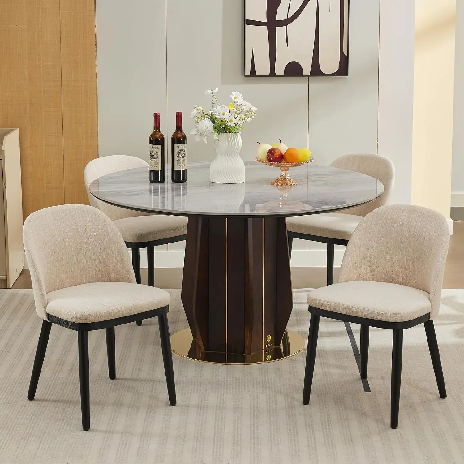 Wooden Dining Chairs Set of 4,Upholstered Kitchen Dining Room Chairs with Curved Backrest and Wood Leg,Modern Fabric Farmhouse Dinner Chair for Restaurant/Cafe,Beige