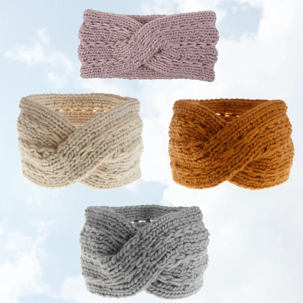 

Набор из 4 вязаных повязок на голову для женщин: теплые шерстяные ободки для волос на зиму и осень, модный дизайн с перекрестными элементами, складные, мягкие, приятные для кожи, бежевые