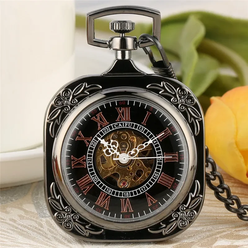 Classic Men Women Hand-winding Mechanical Skeleton Pocket Watch Roman Number Display Square Case with Pendant Chain Gift