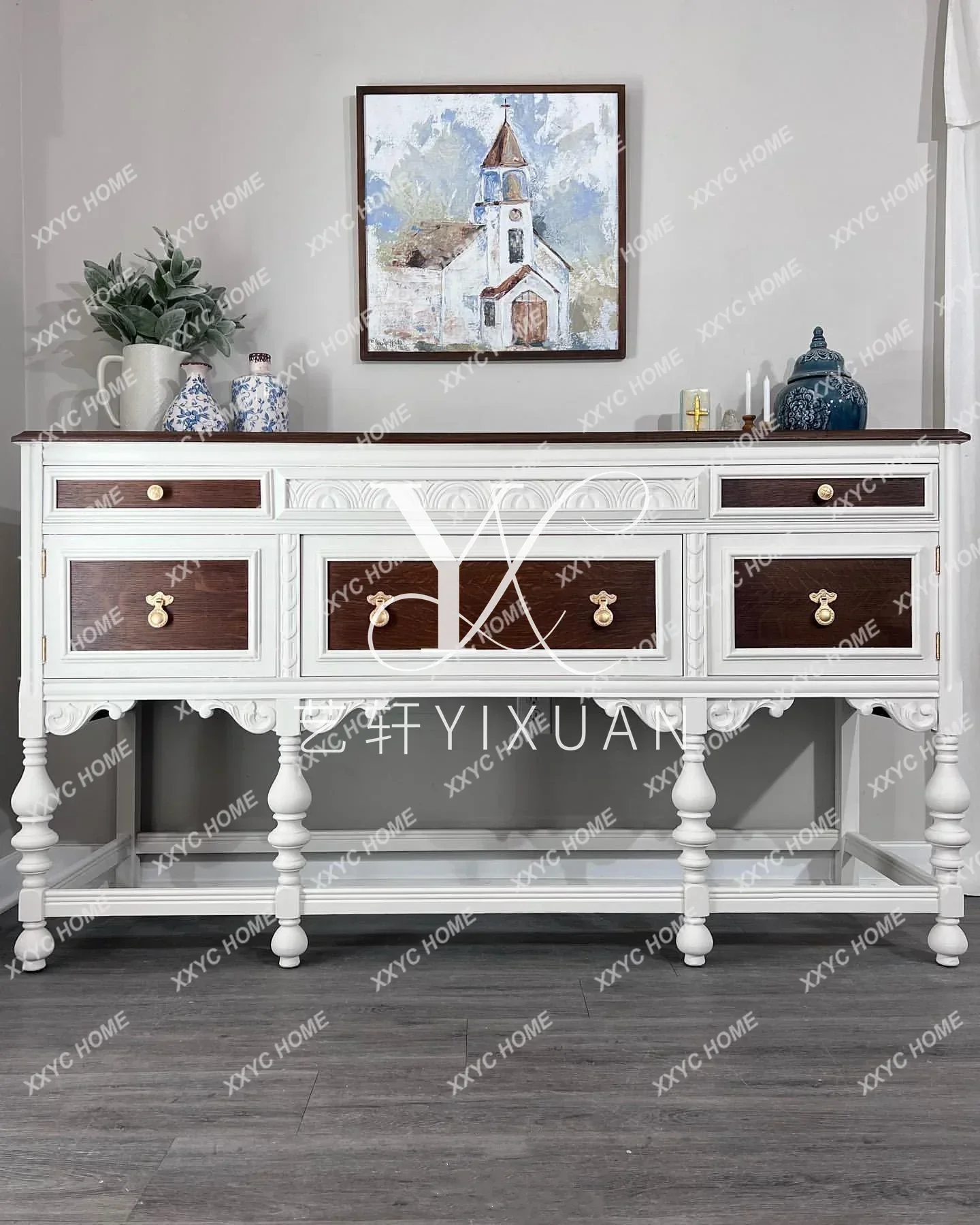 NN  Retro Solid Wood Neoclassical Old Dining Side Cabinet Living Room Wall Carved Decorative Locker