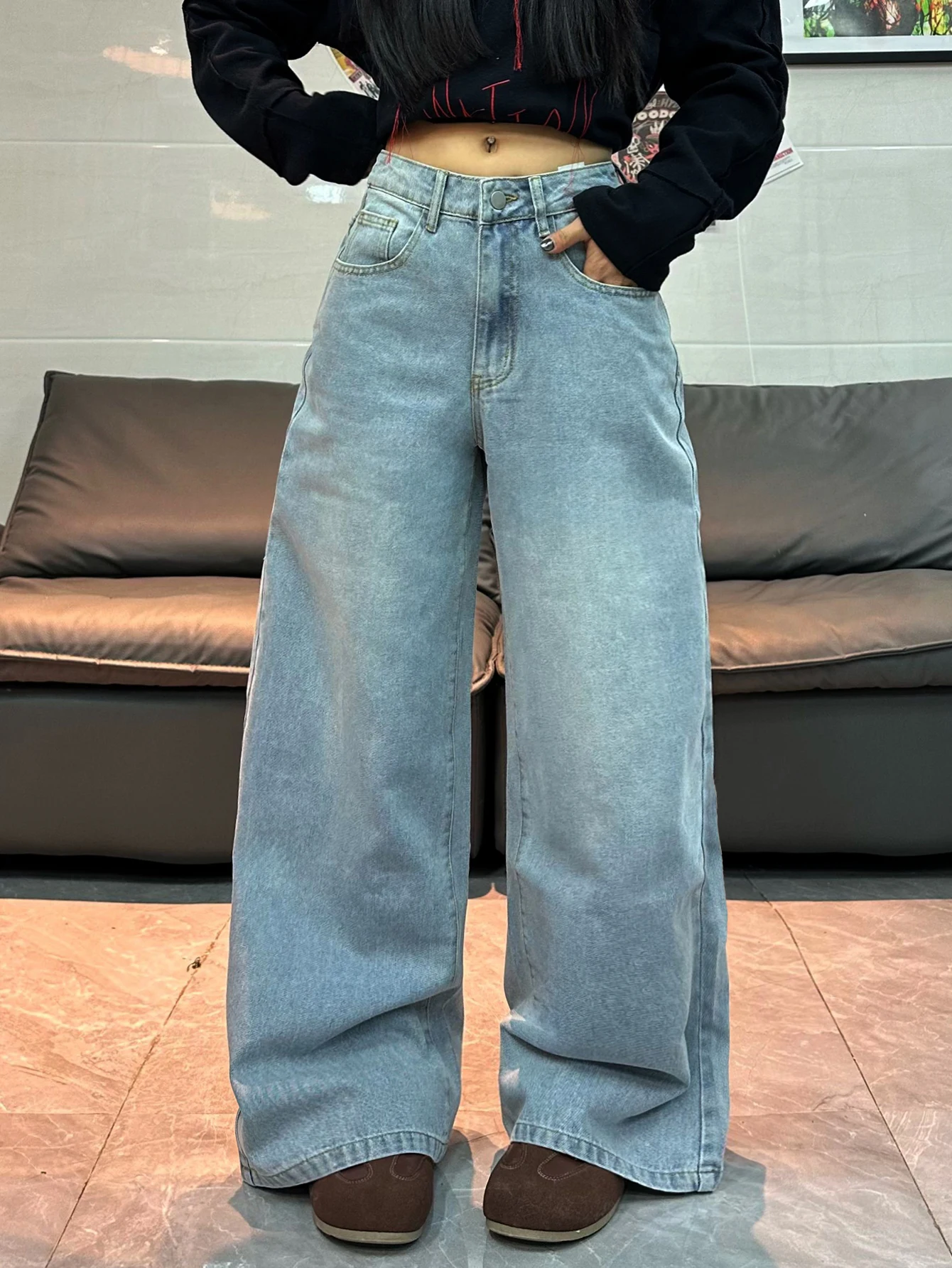 European And American Wide Leg Jeans With Auspicious Dragon And Cloud Letters Embroidered In Light Blue Denim Pants