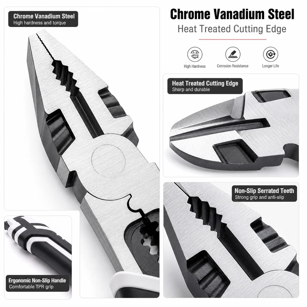 3-Piece Pliers Set, Heavy Duty CRV Steel Long Nose Pliers, Linesman Pliers & Diagonal Cutting Pliers with Wire Stripper and Crim