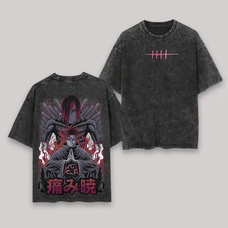 Pain Nagato T-shirt Naruto Manga Tee Vintage Washed Oversized Retro Anime Harajuku Streetwear Mens Graphic Clothes Top Akatsuki