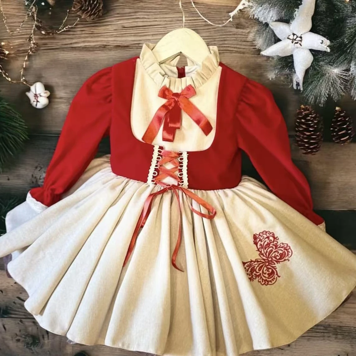 0-12Y Baby Girl Autumn Red Velvet  Butterfly Embroidery Vintage Princess Dress for Birthday Holiday Eid Christmas C170