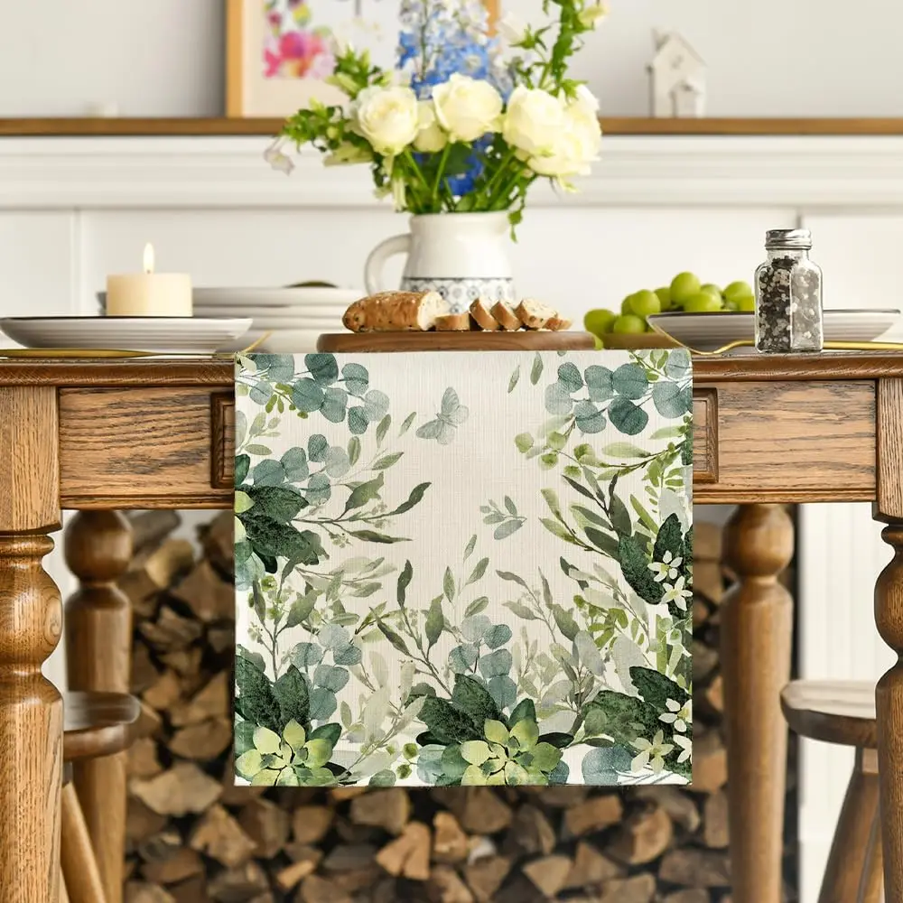 Spring Green Flowers Eucalyptus Linen Table Runner Holiday Party Decor Farmhouse Kitchen Dining Table Runner Wedding Decoration
