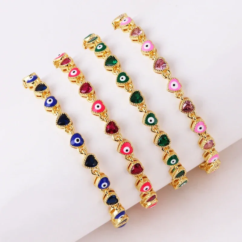 18K Gold Plated Colorful Heart Turkish Evil Eye Charm Bracelet For Women Boho Lucky Copper Chain Adjustable Summer Jewelry