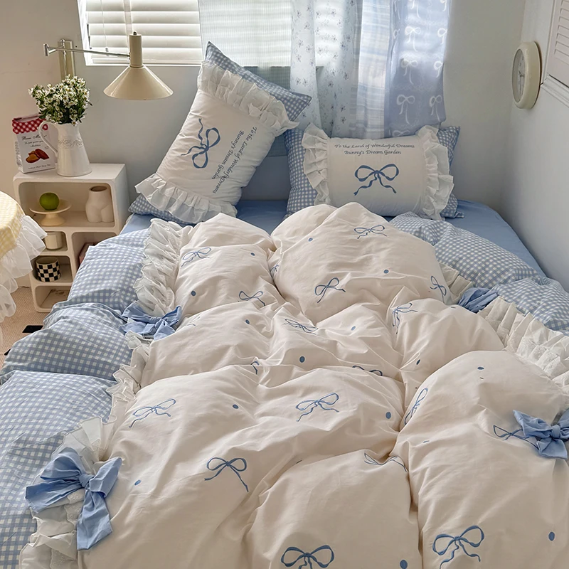 Korean Princess Style Lace Ruffles Plaid Patchwork Bow Embroidery 100% Cotton Bedding Set Duvet Covers Bed Sheet Pillowcases