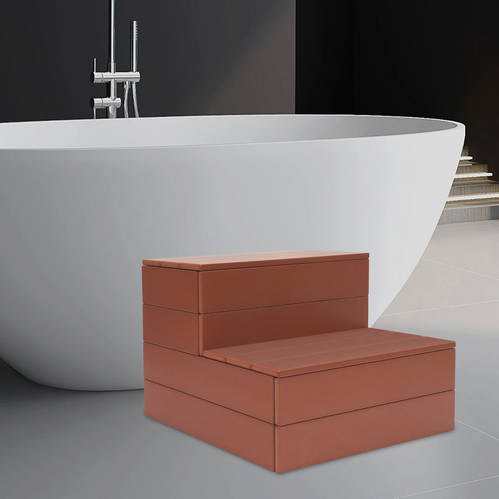 

Red Brown Bathtub Step Stool, 2-Tier Non-Slip Spa Stair with 500 lbs Weight Capacity, Bath Tub Entry Step for Adults & Seniors