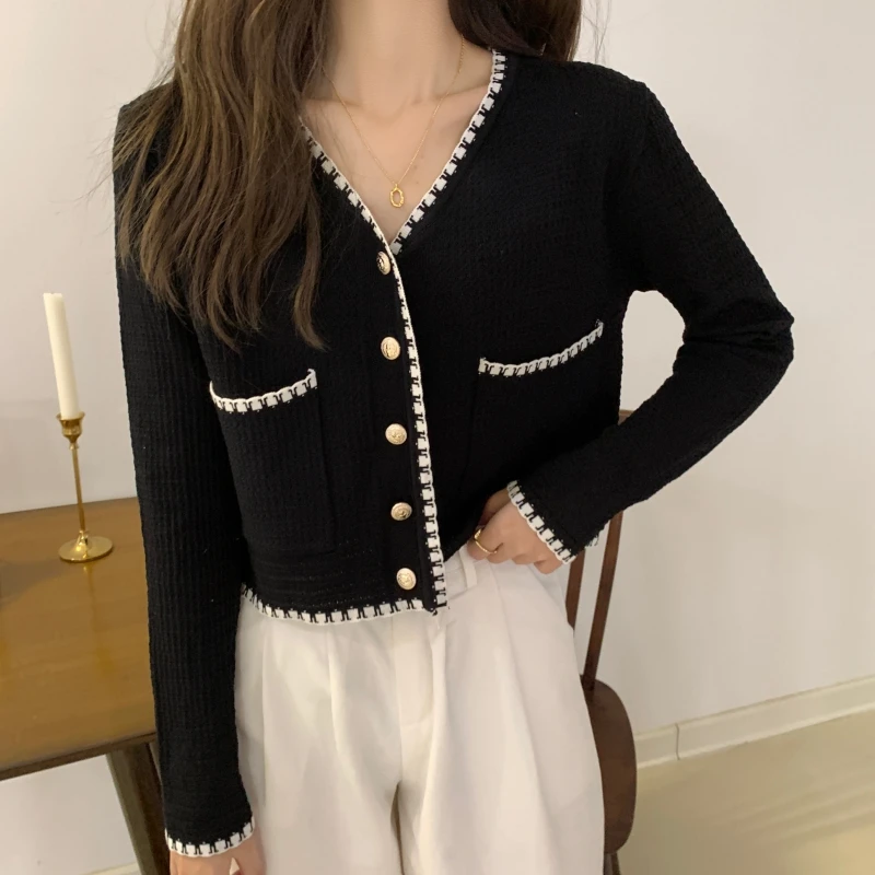 Autumn Cropped V-neck Cardigans Women Simple Elegant All-match Loose Fashion Ladies Pockets Casual SweaterKnitwear Korean Style