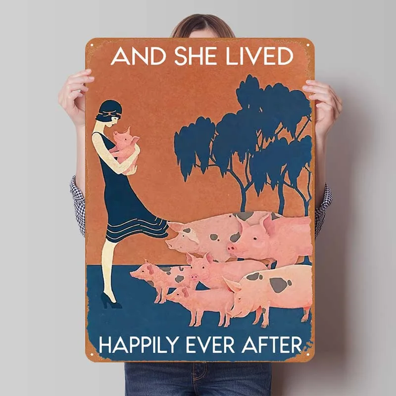 Pig And She Lived Happily Sign Wall Art Coffee Bar Tinplate Poster Vintage Metal Signs for Wall Decoration Decor for Room Home