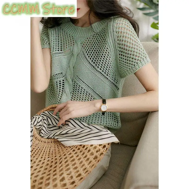スタイリッシュな O ネックニットルーズ中空アウトブラウス女性服夏の新カジュアルプルオーバートップス半袖韓国シャツ