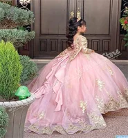 Vestido de niña de flores rosas de lujo para boda, lazo esponjoso, manga larga, apliques dorados, vestido de princesa para cumpleaños, eventos formales adecuados