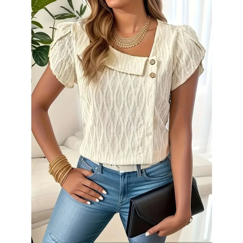 

Plus Size New Summer Women Fashionable and Elegant Asymmetrical Collar Petal Sleeve T-shirt Women Casual Solid Color T-shirt