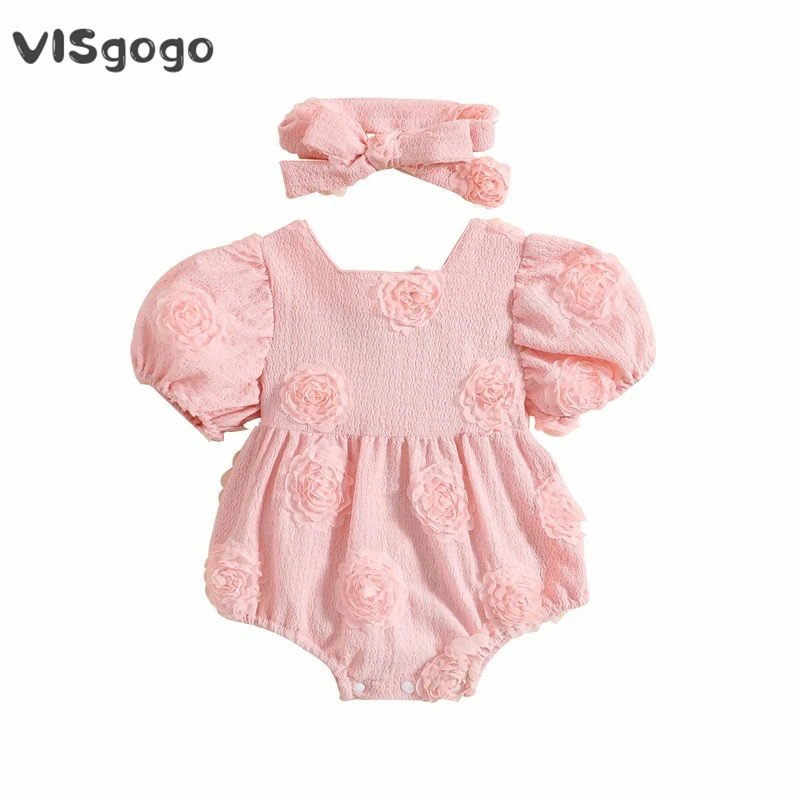 VISgogo Infant Baby Girls Romper 3D Flower Short Sleeve Square Neck Jumpsuits Baby Bodysuits with Headband Baby Summer Clothing