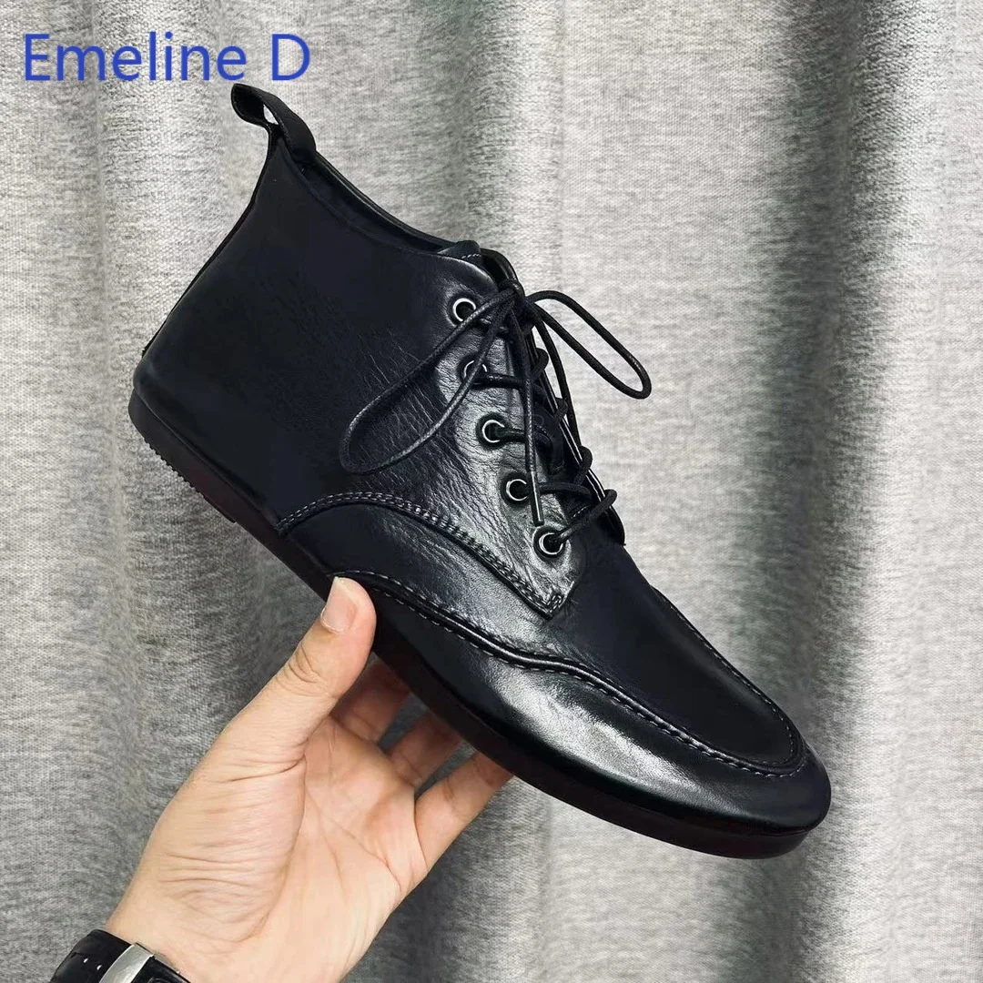 Men Retro Full Grain Leather Ankle Booties Hand Dyed Lace Up Flat Shoes Visible Stitching Durable Daily Casual Fashion Footwear