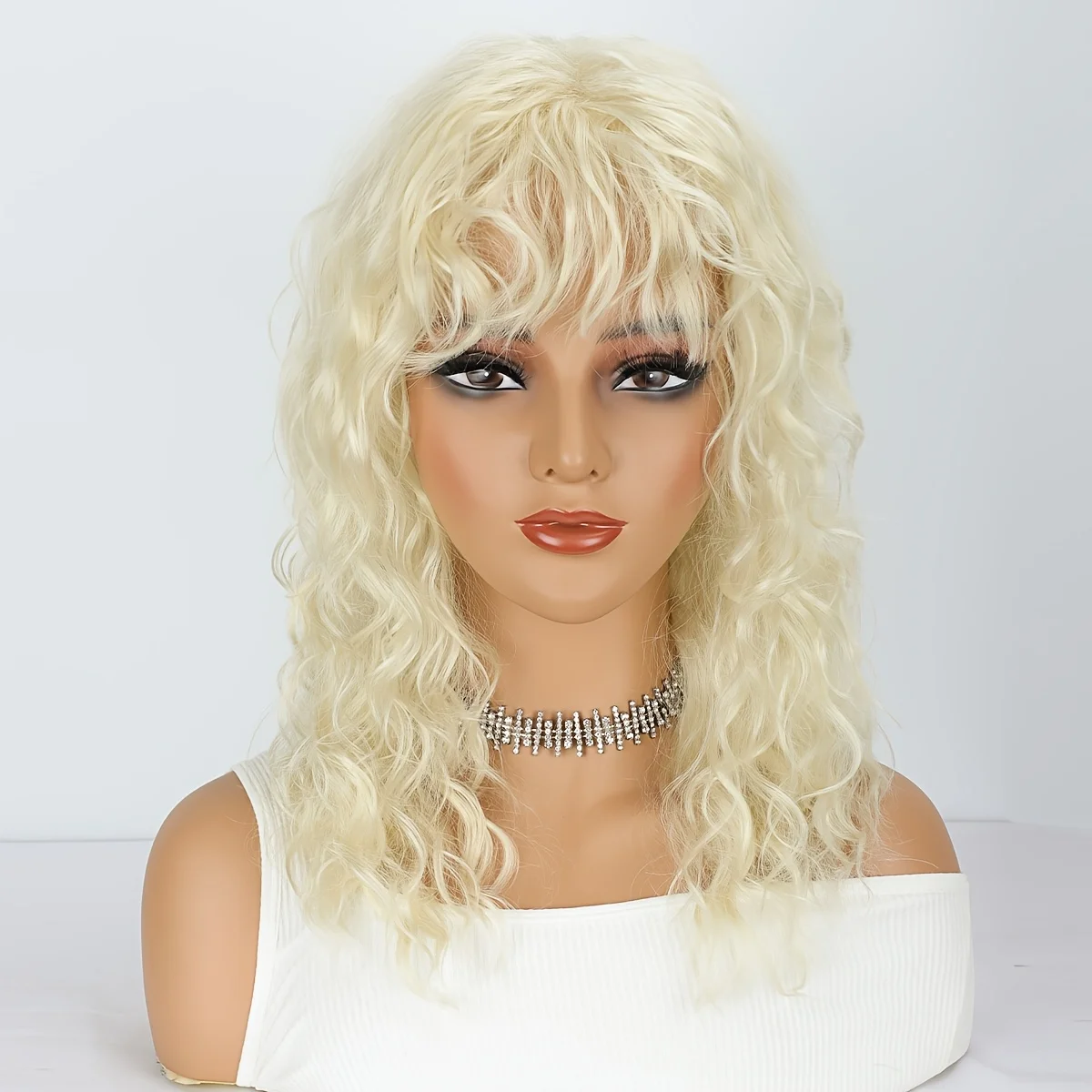 18inch Long Curly Light Blonde Fluffy Wig with Bangs, Synthetic Wig, Suitable for Women's Daily Use