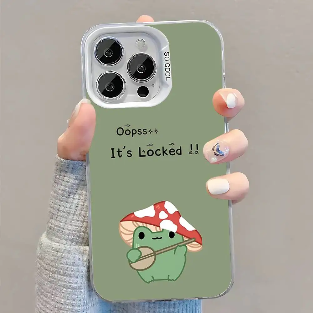Mint Green The Frog Mushroom Phone Case For iPhone 16,15,14,13,12,11,Pro,XS,Max,Plus,Mini,SE White Candy Matte Shockproof Cover