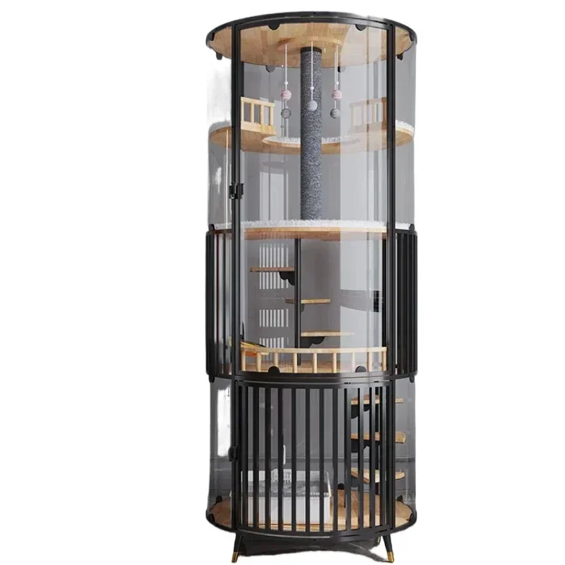

Round Cat Cage Villa 360 Panoramic Display High Transparent Glass Luxury Cat Nest with Toilet Solid Wood Cat House