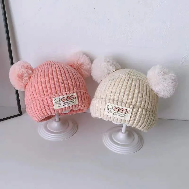 Cute Double Pompom Baby Knitted Hat Winter Thicken Warm Infant Boys Girls Cap Beanie Korean Solid Color Toddler Kids Hat Bonnet