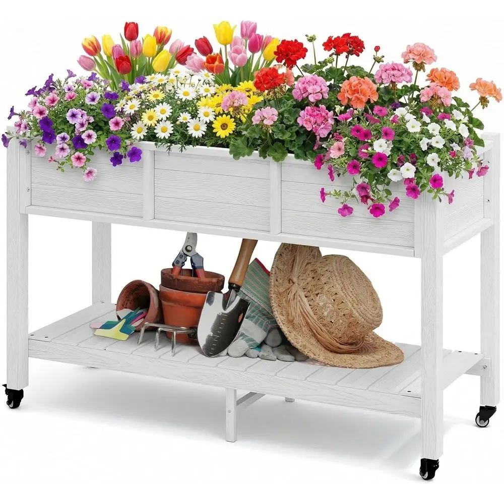 Raised Garden Bed with Legs and Lockable Wheels, Weather-Resistant Poly-Wood, Double Tier Planter for Outdoor Use, White