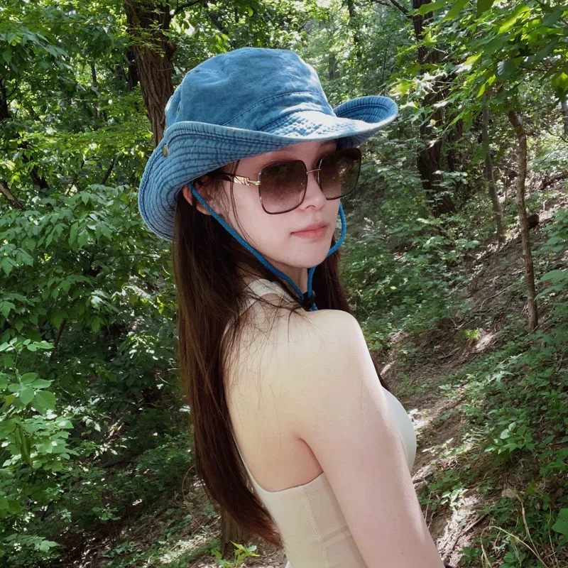 Sombrero de pescador vaquero con cuerda para hombre y mujer, gorro de pescador con cuerda, color azul, para playa y exteriores, 2024