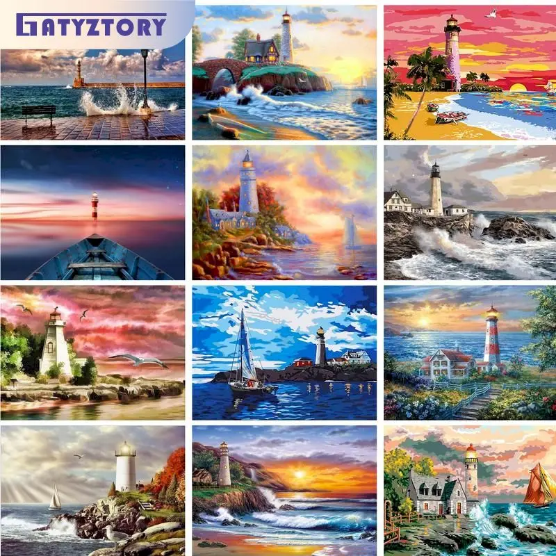 

GATYZTORY 40x50cm Painting By Numbers On Canvas Pictures By Numbers Seaside Lighthouse Number Painting For Adults Diy Gift Paint