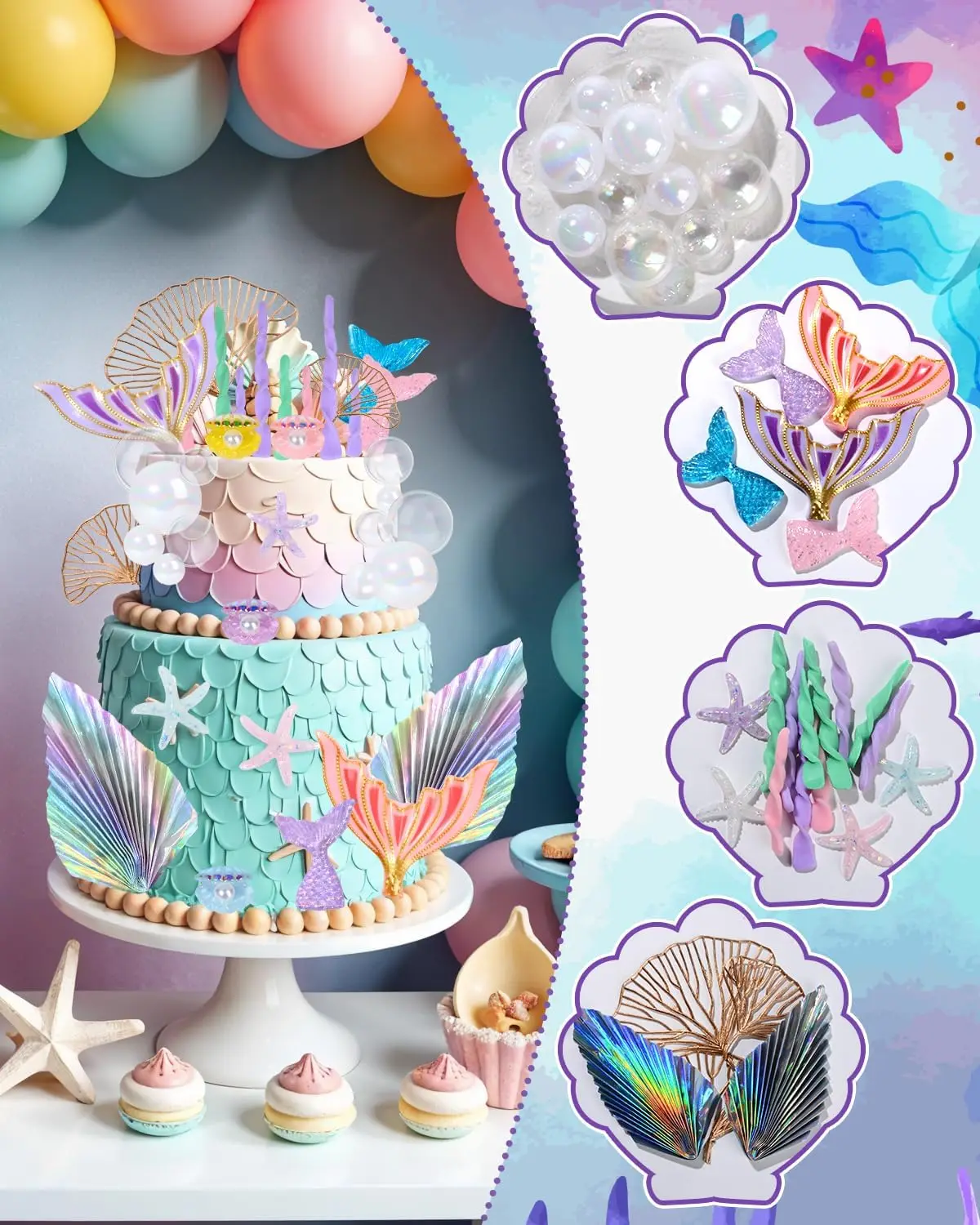Meerjungfrau-Kuchenaufsätze, 38-teiliges Kuchen-Dekor-Set unter dem Meer mit goldenen Ginkgoblättern für Partyzubehör zum Geburtstag, Meerjungfrau-Thema – Detail 3