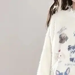 

Ezgaga Knitted Sweater Pullover Women Sweet Autumn Winter Cartoon Dog Bow Hole Fashion O Neck Long Sleeve Jumper Casual