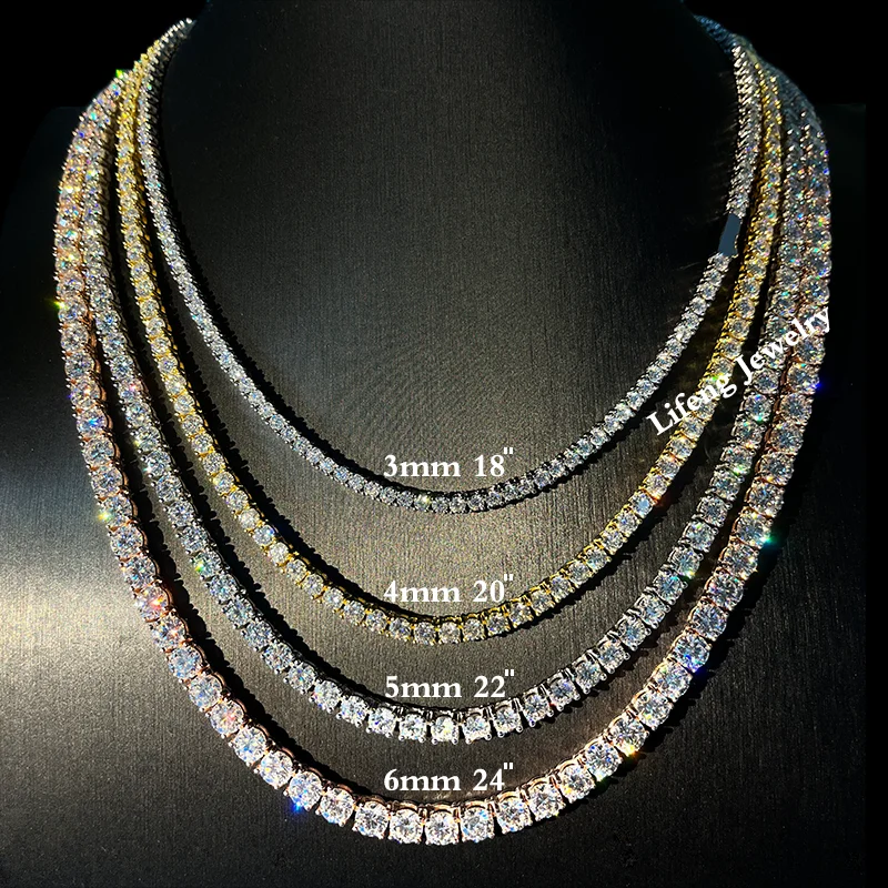 

High Quality Iced Necklace Gold Plated 3mm 4mm 5mm 6mm Diamond Tennis Chain Copper ZirconJewelry Made Sterling Silver Pearl