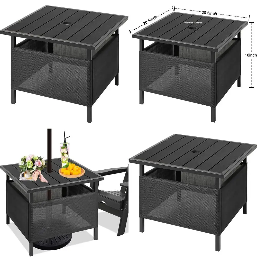 

Уличный композитный приставной столик для патио с отверстием для зонта, устойчивый к атмосферным воздействиям, простой в уходе, идеально подходит для бассейна и заднего двора (черный)