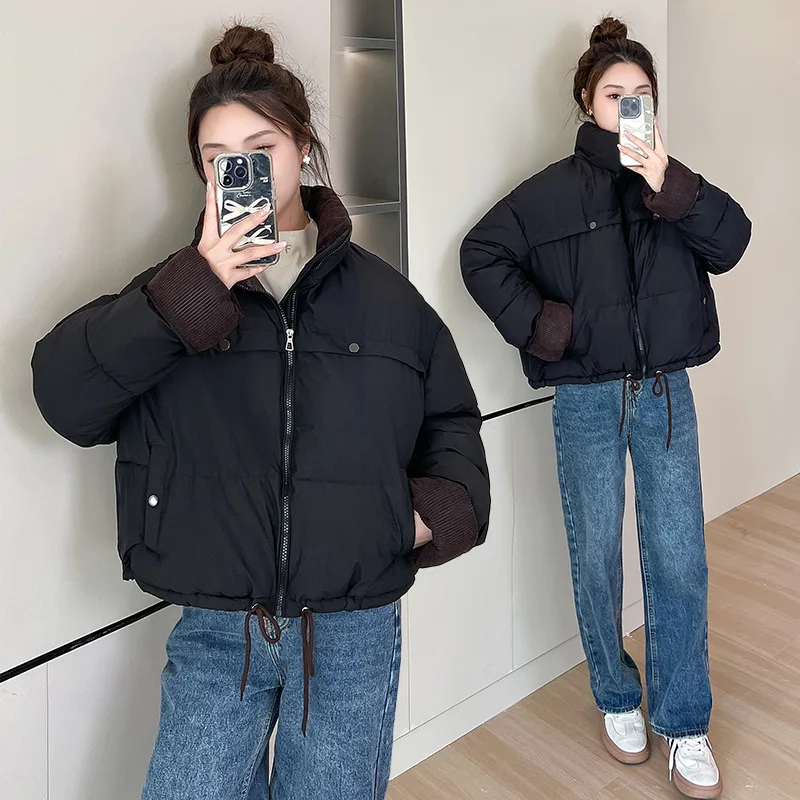 Women Parkas Overcoat Short Coat Long Sleeve Turn Down Collar Zipper Straight Solid Thick Loose Office Lady Casual 2025 Winter