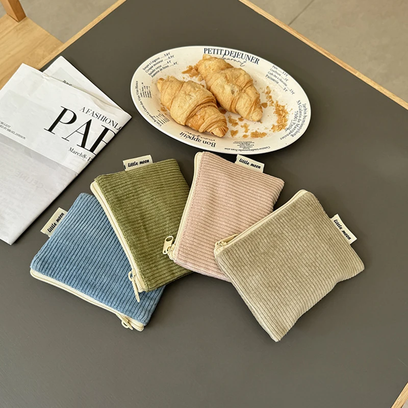 5pcs Cosmetic Bags Corduroy Plain Light Protable Card Holder Short Coin Purses