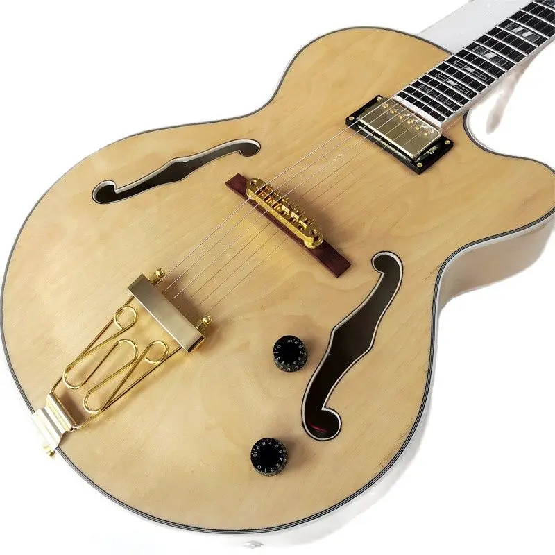 Maple Hollow Electric Guitar in Wood Color, Double F Hole, Gold Accessories, Rose Wood String Bridge, Can Be Customized