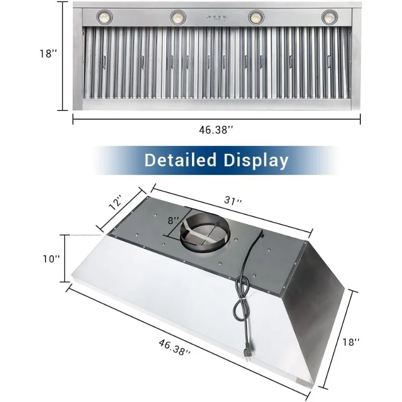 home.48 Inch Built-In Range Hood, 4-Speed 1150 CFM Super, Adjustable Lights, Baffle Filters, 8