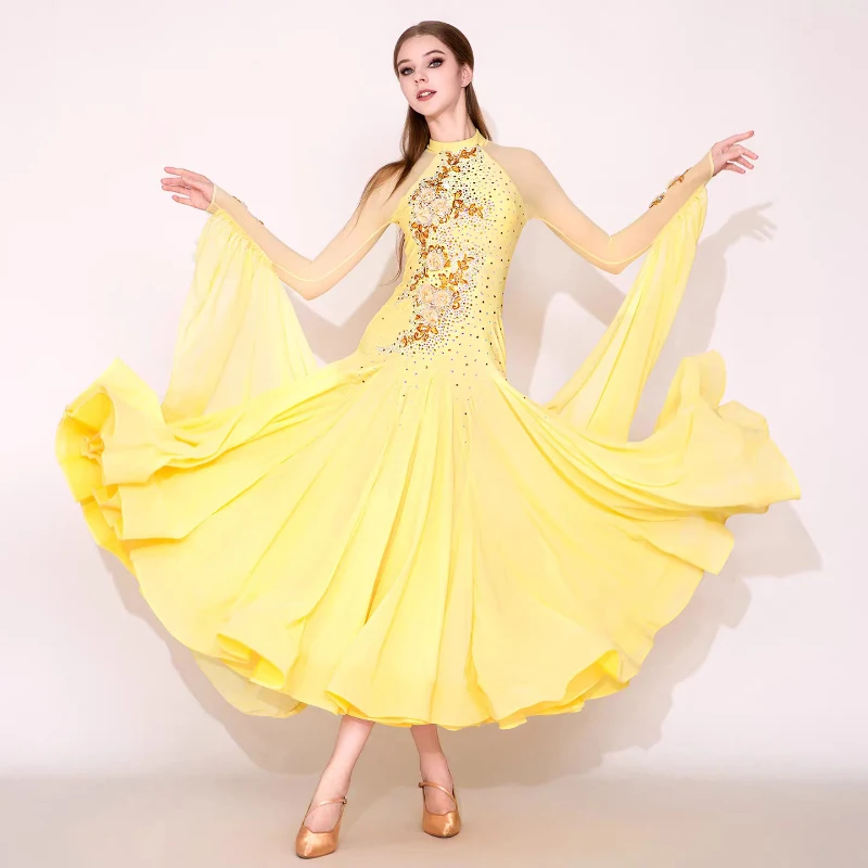 فساتين قاعة الرقص القياسية للنساء تصميم جديد أصفر حديث الفالس المنافسة الرقص تنورة الكبار أنيقة فستان رقص قاعة الرقص #1